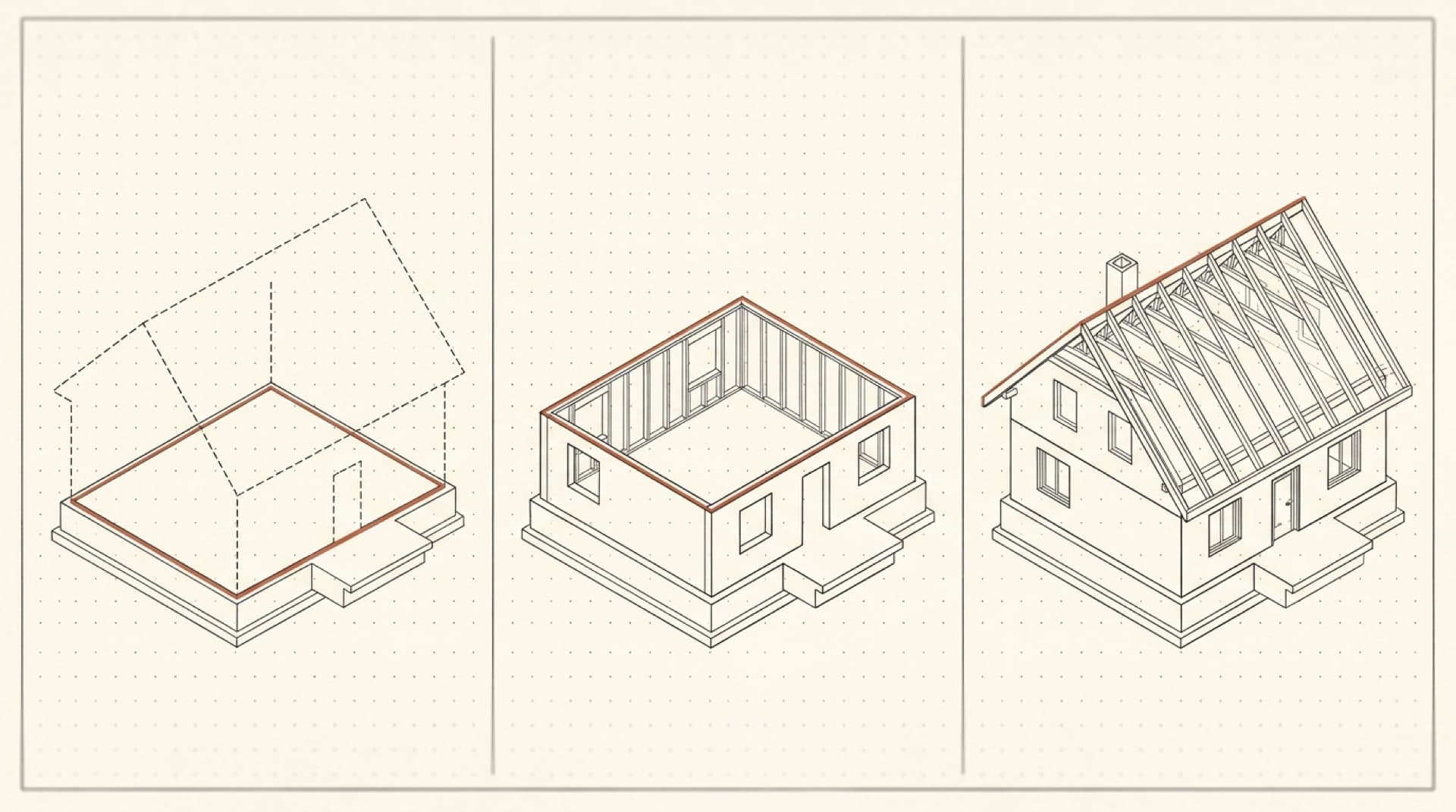 Architekturskizze: Drei Bauphasen eines Einfamilienhauses